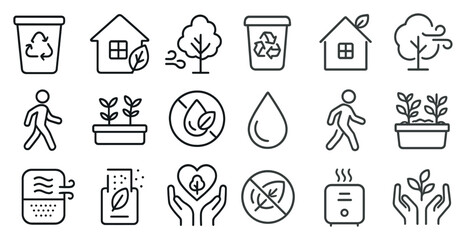 Set of icons for various environmental concepts, including recycling, walking, and gardening. The icons are all in black and white and are arranged in a grid