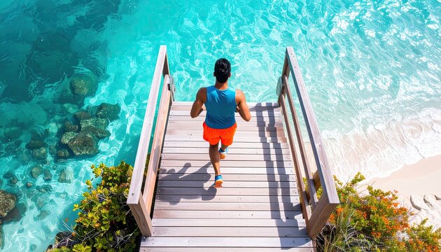 Person descends wooden steps towards a pristine beach and turquoise sea. - Powered by Adobe