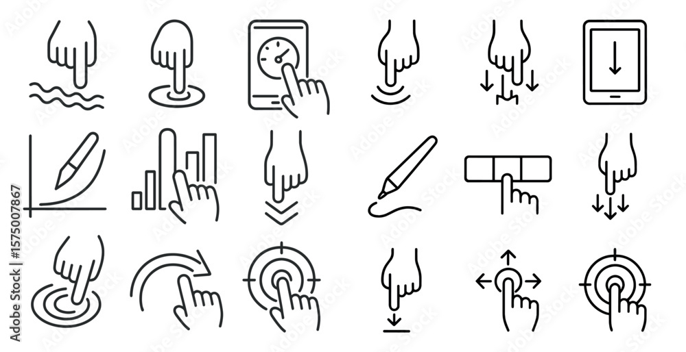 Aufkleber set of icons for a touch screen device. the icons include a pen, a clock, and a down arrow