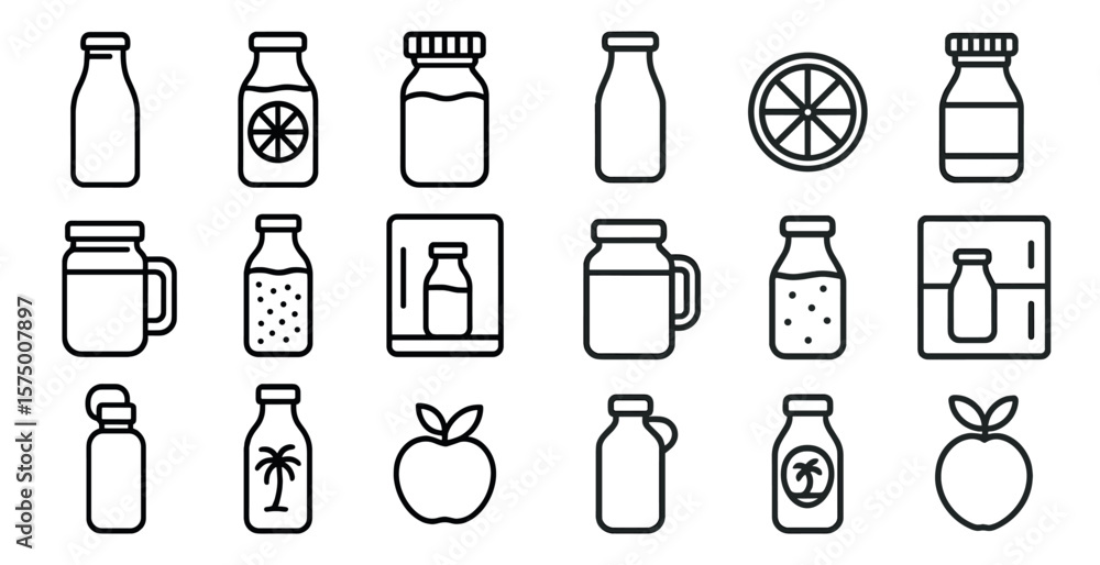 Poster set of white line drawings of various types of milk bottles and fruit juice bottles. the bottles are