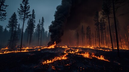 Dense forest ablaze with raging wildfires engulfing trees and smoke billowing into the sky