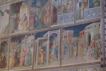 View of the presbytery with frescoes by Ugolino di Prete Ilario, Cathedral of Orvieto, Italy. The...