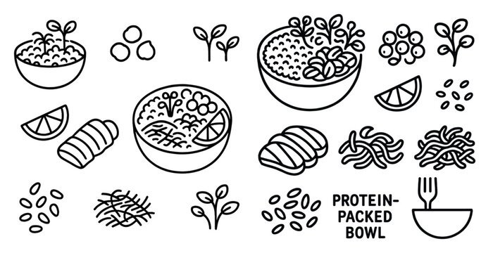 Drawing of various bowls of food, including a bowl of protein-packed food. The drawing is in black and white and has a minimalist style