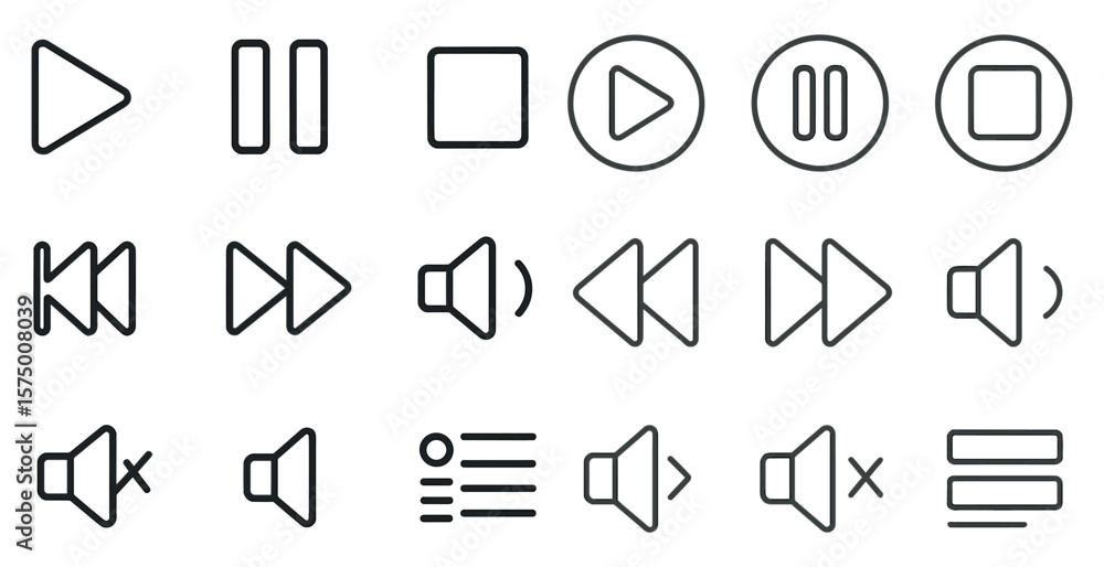Poster set of icons for a music player. the icons include a pause button, a play button, a volume control, 