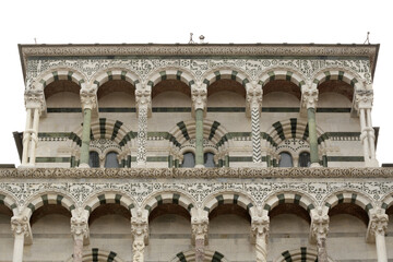 Upper loggias of San Martino Cathedral in Lucca, Italy, with Romanesque arcades, polychrome marble,...