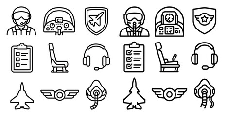 Set of aviation icons including a pilot, a plane, and a cockpit. The icons are all in black and white
