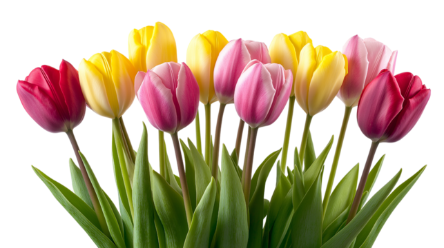 A beautiful bouquet of pink, yellow, and red tulips isolated on a transparent background