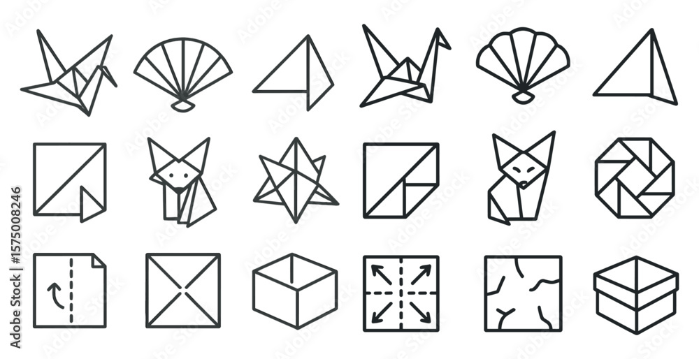 Aufkleber set of origami shapes and boxes. the shapes are all different sizes and are made of paper. scene is 