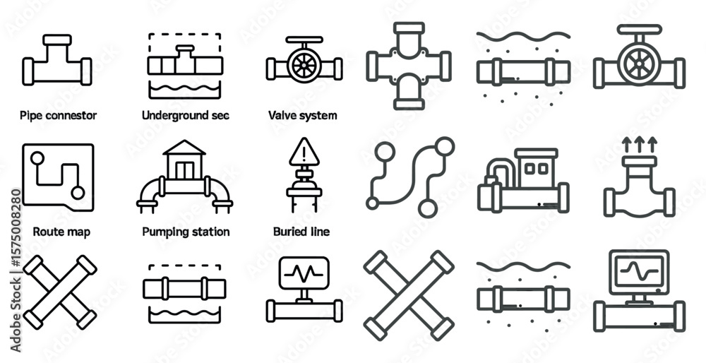 Aufkleber set of pipe symbols, including a valve, a pipe connector, and a pump. the symbols are arranged in a 