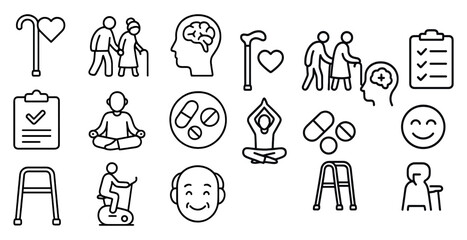 Collection of icons for health and wellness. The icons include a person sitting, a person standing, a person walking, a person holding a cane, a person holding a clipboard