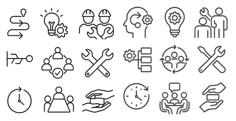 Series of icons that represent different aspects of teamwork and collaboration. The icons include a light bulb, a wrench, a clock, and a person holding hands. Scene is one of unity and cooperation