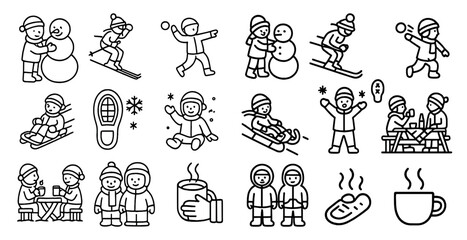 Series of black and white illustrations of children playing in the snow. The illustrations include a snowman, a child skiing, and a child holding a snowball