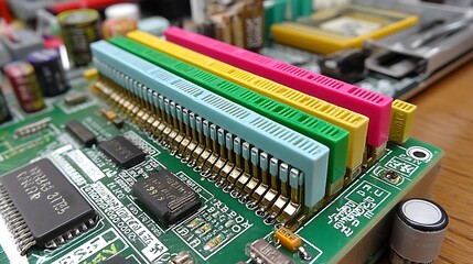 the image is a close up view of a component board, featuring multiple connectors. four rectangular connectors are aligned closely, colored in light blue, green, yellow, and pink