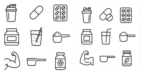 Set of icons for health and fitness products. The icons include a bottle of protein powder, a cup, a spoon, a pill, a cup of coffee, a cup of tea, a cup of water, a bottle of vitamins