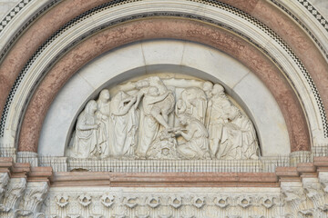 Marble relief of the Deposition of Christ from the Cross, Romanesque sculpture above portal of San...