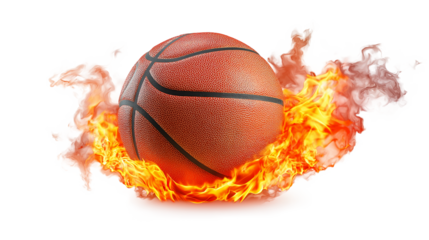 Basketball engulfed in flames and smoke isolated on a transparent background