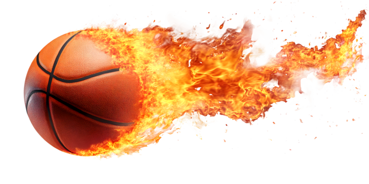 Basketball on fire with flames bursting from the side isolated on transparent background
