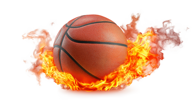 Basketball engulfed in flames and smoke isolated on a transparent background