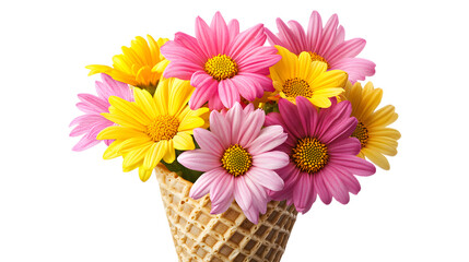 Bouquet of pink and yellow daisies in an ice cream cone isolated on a transparent background