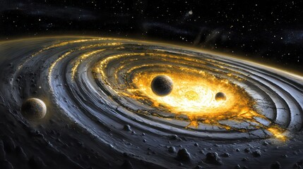 Cosmic Collision: Planets Orbiting a Fiery Nebula in a Starry Expanse