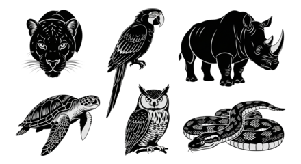 Collection of stylized black and white wild animals isolated on transparent background