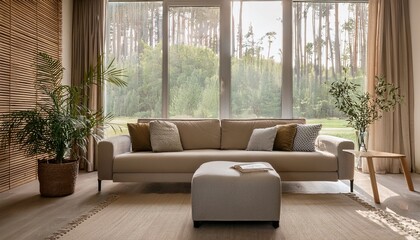 a modern interior with a sofa and elegant natural colored accents large spacious windows emphasize the openness of the room
