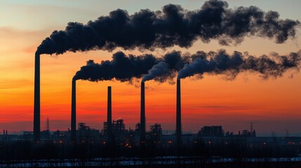 Factory Skyline at Dusk with Towering Smokestacks Against Colorful Sunset Background