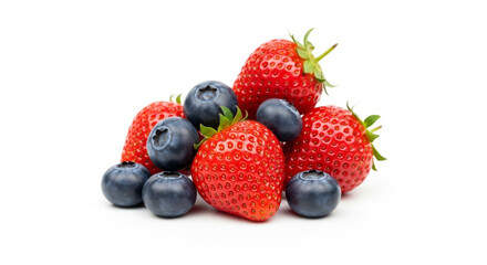 Obraz premium Fresh mix of ripe strawberries and juicy blueberries in a pile, a close-up shot isolated on a white background 