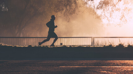 Jogging at Sunrise – Active Healthy Lifestyle. A man jogging in the early morning light in an urban park. Silhouetted figure in motion, symbolizing energy, motivation, and mental clarity.