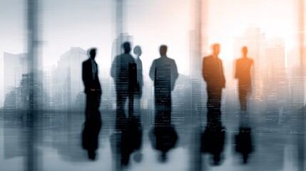 Corporate visionaries team silhouetted against shimmering cityscape, embracing ambition and success, walking towards future endeavors, professional setting, bright lights.