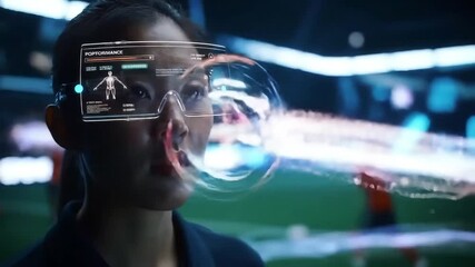 Sports Coaching AR: A coach on a high-tech field watches athletes through AR glasses showing performance stats and biomechanics overlays. A training robot projects optimal movement paths as shimmering - Powered by Adobe