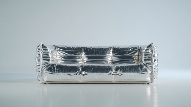 Sleek silver inflatable sofa reclining on pristine white surface, embodying contemporary minimalist design with clean lines and effortless sophistication