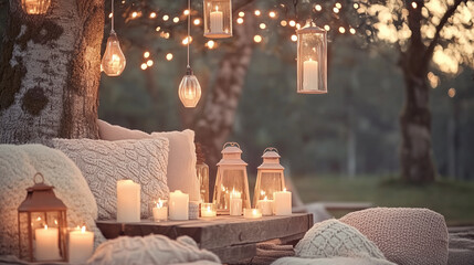 Cozy outdoor evening with candle lanterns and string lights in rustic setting