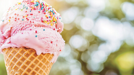 Close-up of pink ice cream with rainbow sprinkles on blurred background on sunny day