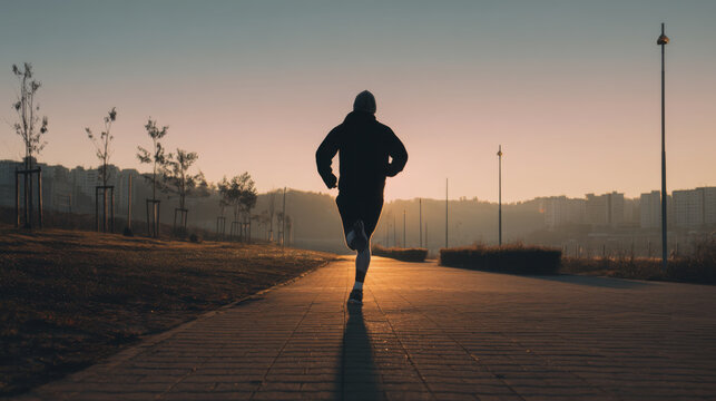Jogging at Sunrise &ndash; Active Healthy Lifestyle. A man jogging in the early morning light in an urban park. Silhouetted figure in motion, symbolizing energy, motivation, and mental clarity.