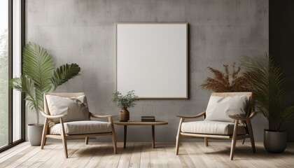 minimal living room and wooden chairs decor and canvas frame on concrete wall background 3d render