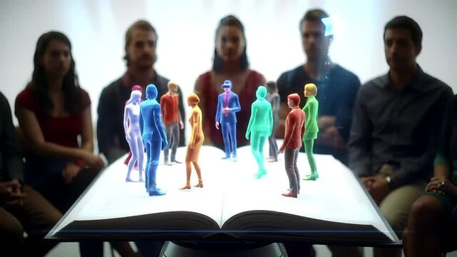 Holographic Storytelling: Children sit in a circle. A storyteller robot projects vivid holographic characters and scenes from a book into the center, creating an immersive narrative experience. Soft f