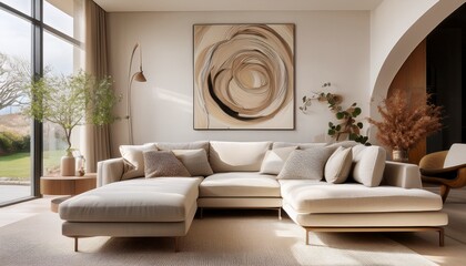 a serene living room with a neutral color palette featuring a plush curved sofa abstract artwork and soft textures for a warm modern aesthetic