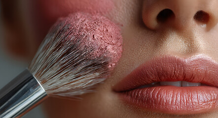 Woman applying powder blush with makeup brush to cheek for professional beauty look. Cosmetic application and salon services for makeup artistry treatments