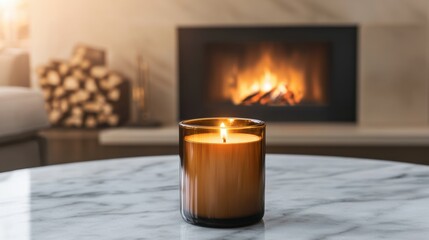 Glowing Amber Glass Candle on Marble Table with Cozy Fireplace in Background