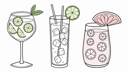 a set of line-art cocktail and refreshing drink illustrations with fruit isolated on white background.