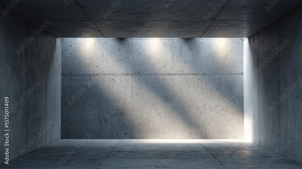 Poster sunlight filtering through ceiling gaps, casting dramatic shadows across minimalist concrete interio