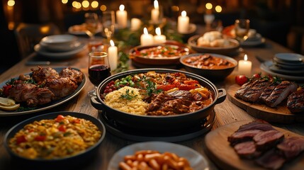 Grand Banquet Table Featuring an Elaborate Feast with Varied Dishes and Candlelit Ambiance