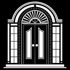 Elegant double doors with arched transom window and side windows silhouette isolated on white background