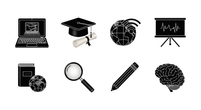 Collection of eight black education and science icons isolated on transparent background
