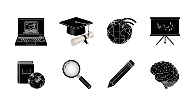Collection of eight black education and science icons isolated on transparent background - Powered by Adobe