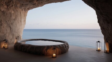 Serene Hidden Beachfront Cave with Natural Rock and Jacuzi Overlooking Tranquil Sea Horizon