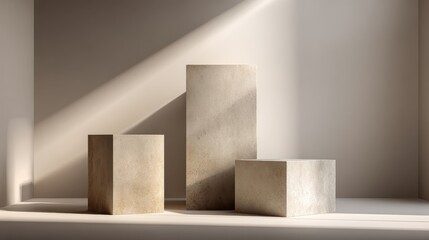 Sunlight casting shadows on three empty concrete pedestals, highlighting minimalist design with varying heights for contemporary product or art display