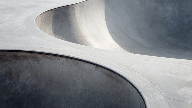 Smooth concrete curves forming empty skatepark landscape, offering urban recreational space for skateboarders and bmx riders practicing freestyle moves under bright sunlight