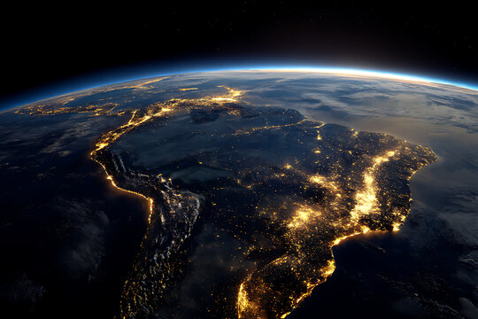 South america at night as seen from space with city lights